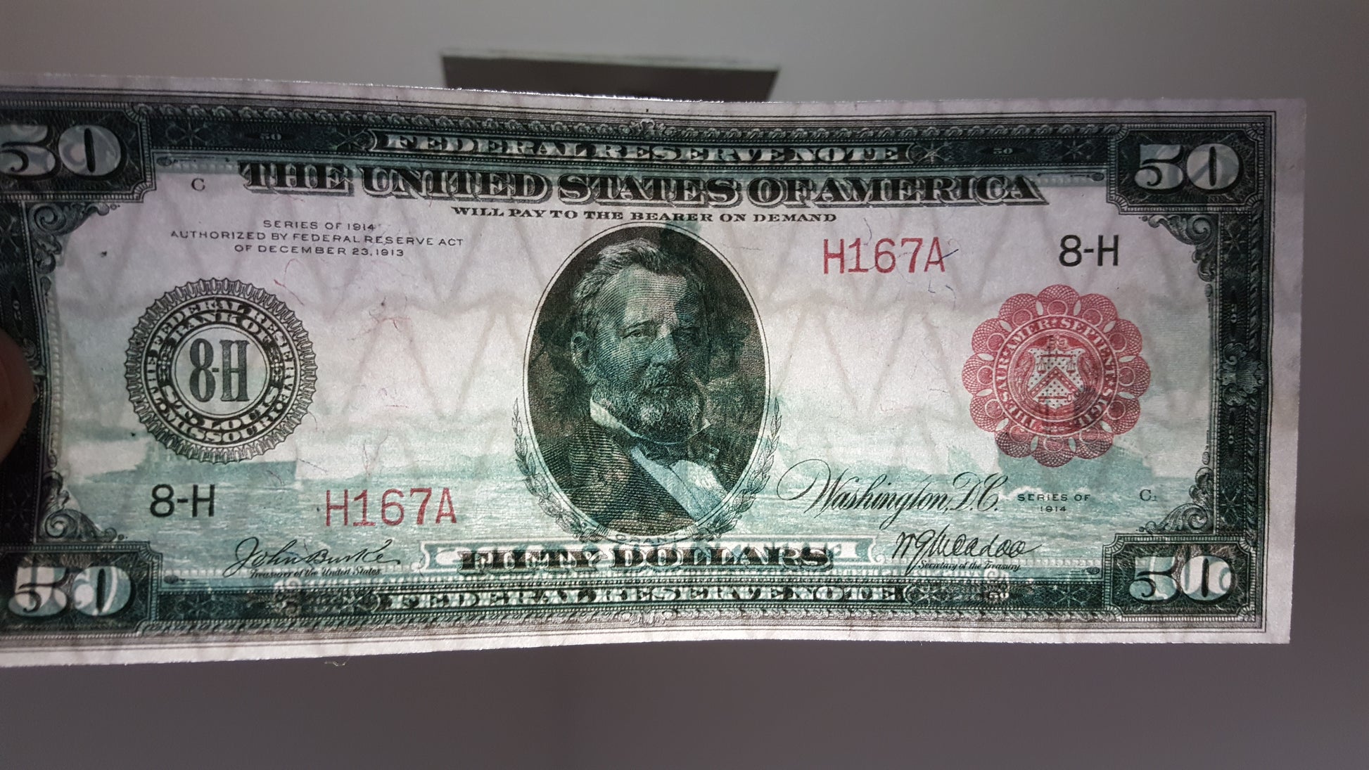 50 Dollar 1914 US Federal Reserve Note Red Serial Number Detail
