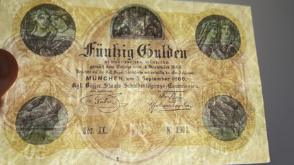 50 Gulden 1866 Old German States Banknote Engraving Detail