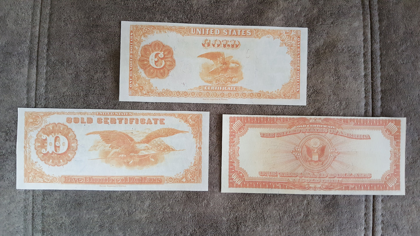 500 Dollar and 100 Dollar 1922 US Gold Certificates Orange Reverse