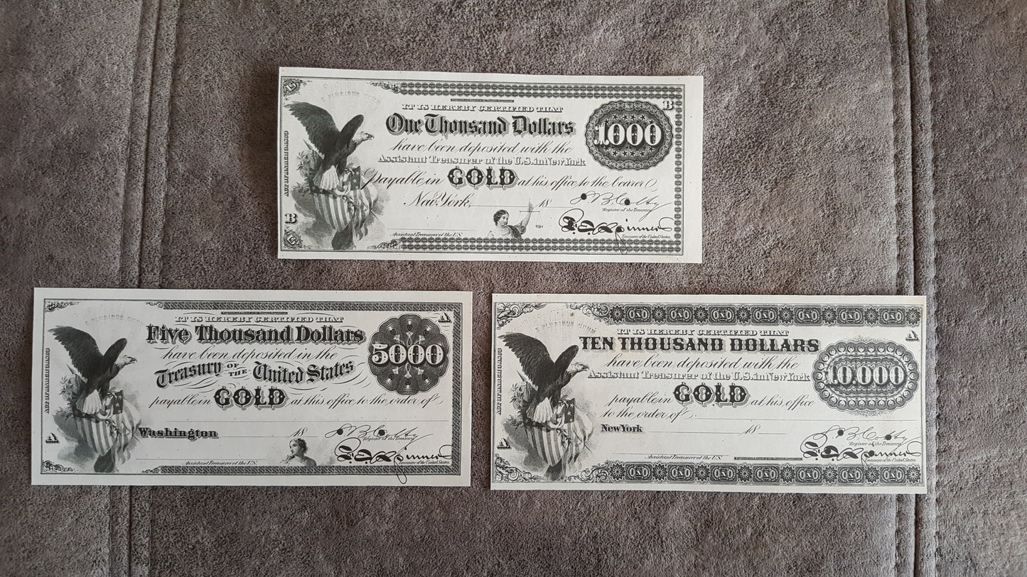 5000 + 10000 Dollar 1863 US Gold Certificate Historic Banknote Detail