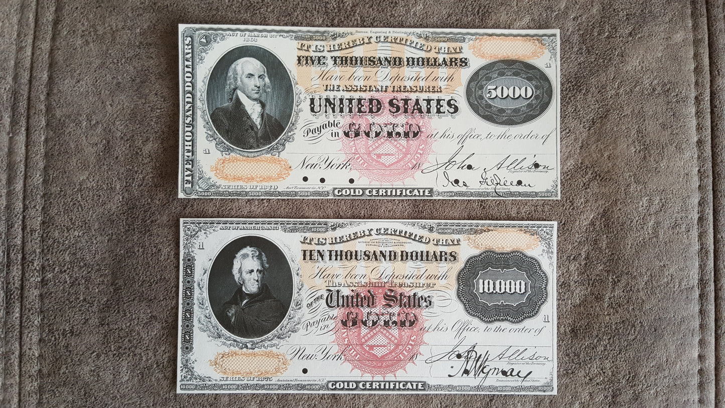 5000 and 10000 Dollar 1875 Ultra High Denomination US Gold Certificates