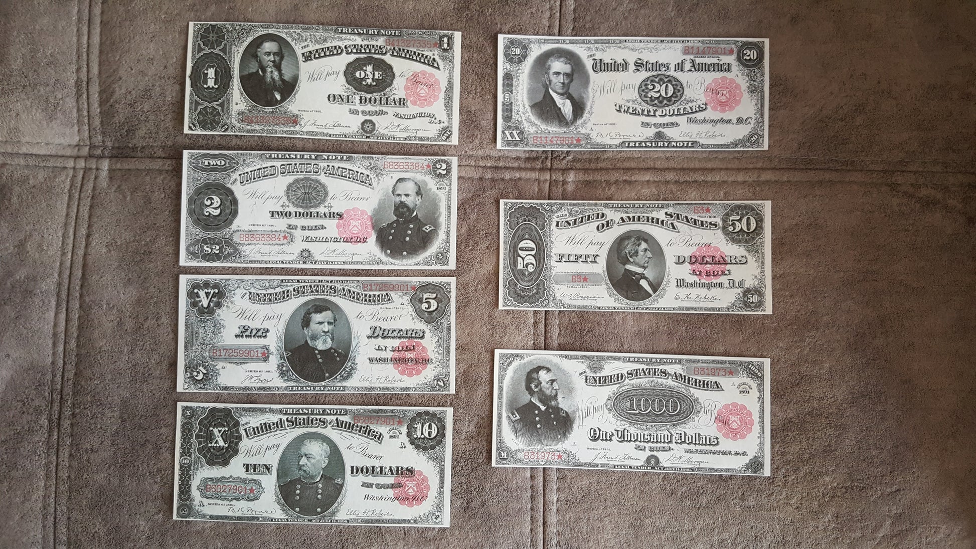 Historic US 1891 series treasury banknotes large size currency collection