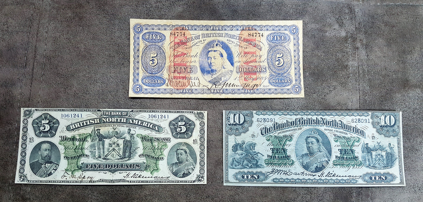 Bank of British North America 5 Dollar 1884 1886 1911 and 10 Dollar 1889 Notes