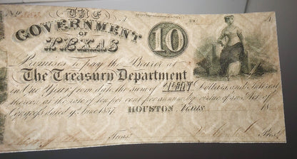 Government of Texas 10 Dollar obsolete banknotes reverse back view