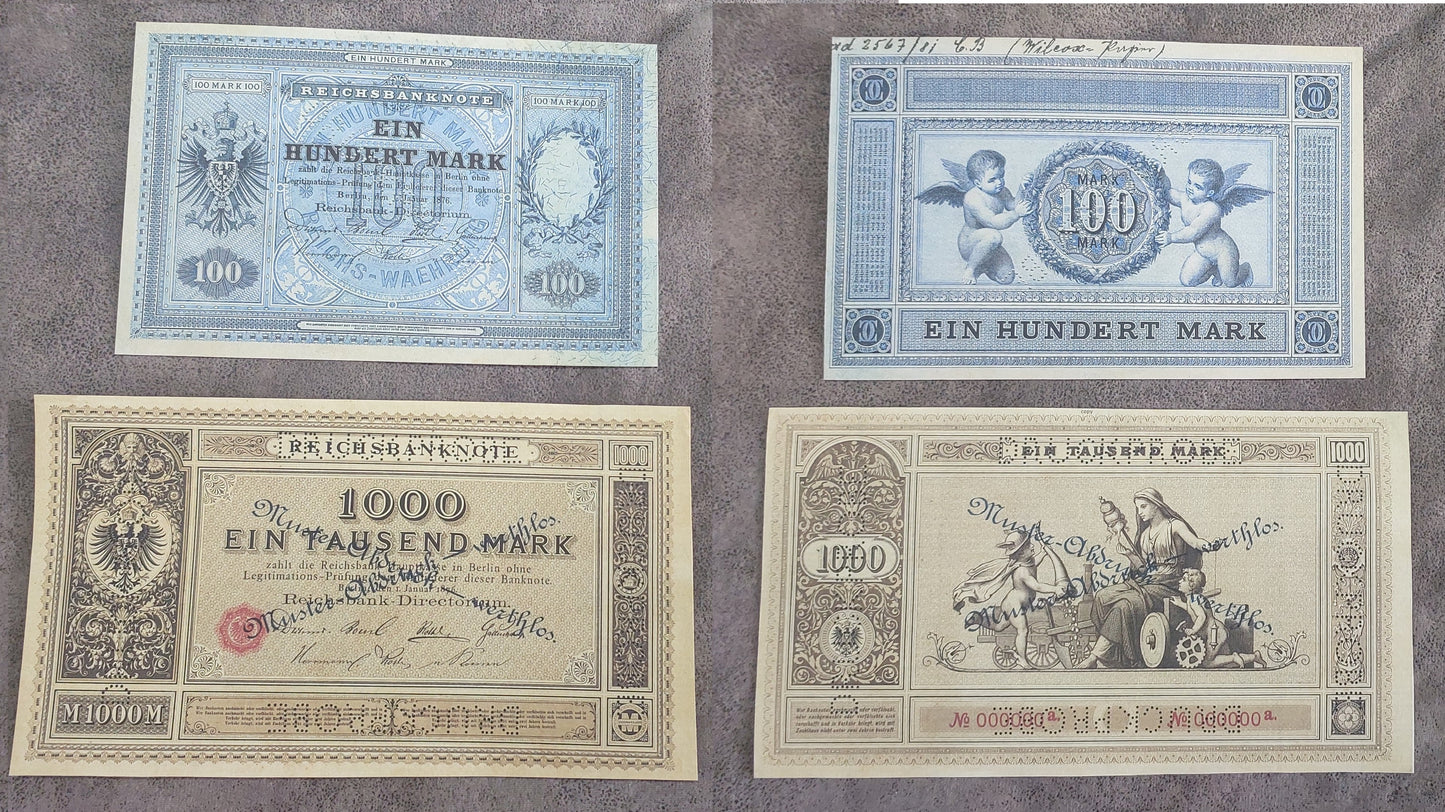 German 100 Mark and 1000 Mark specimen banknotes 1876 front obverse view