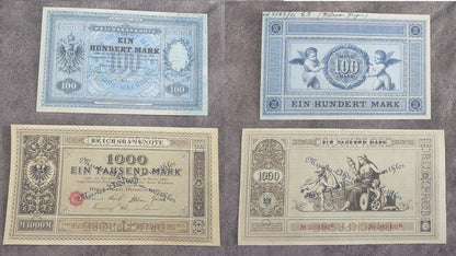 German 100 Mark and 1000 Mark specimen banknotes 1876 front obverse view