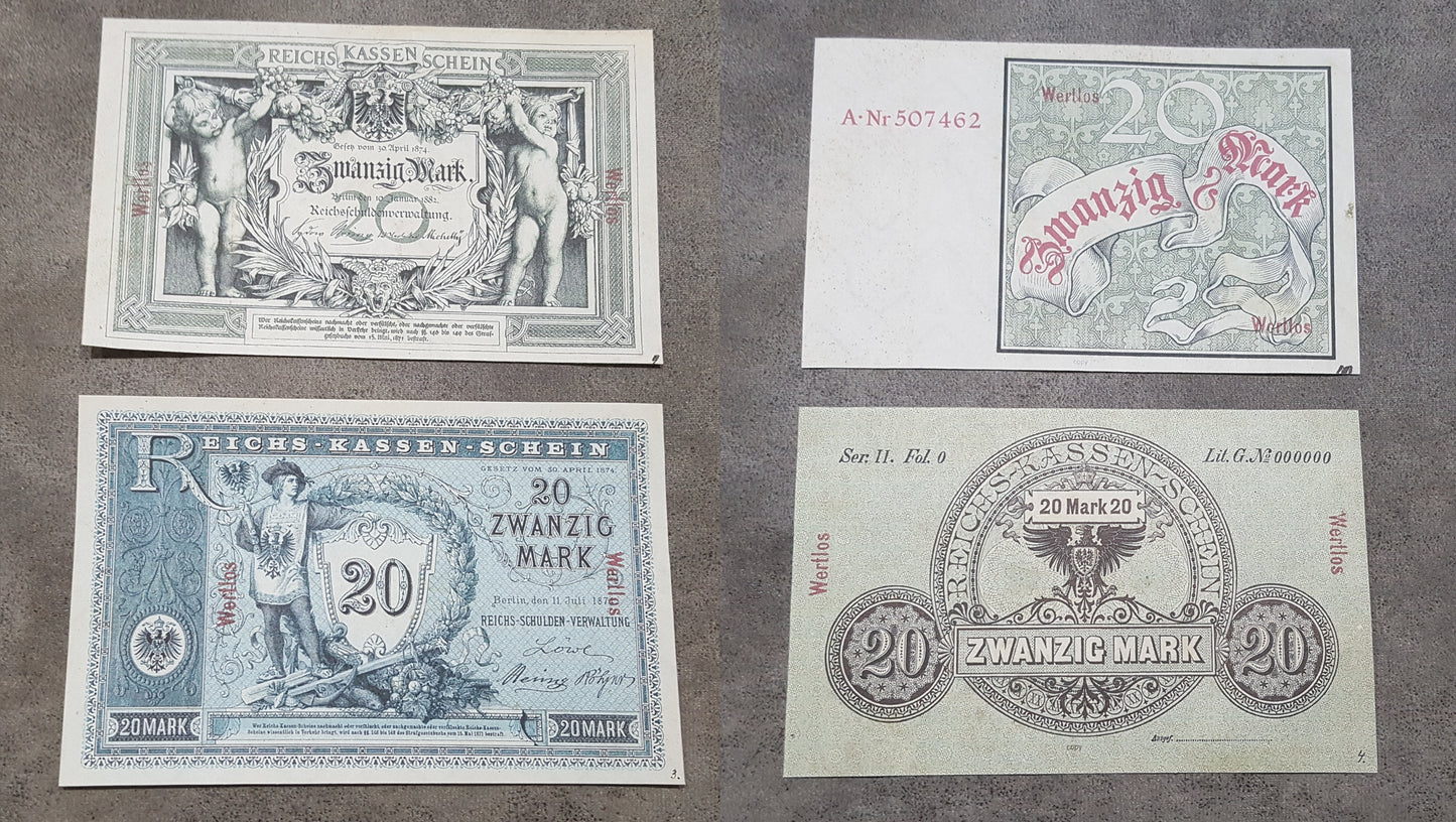 German 20 Mark historical banknotes reverse back view