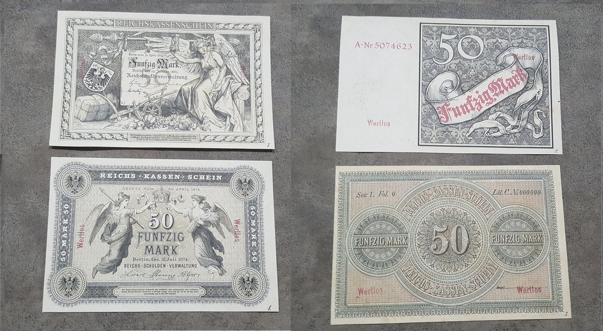 German 50 Mark banknotes 1874 1882 1899 front obverse view