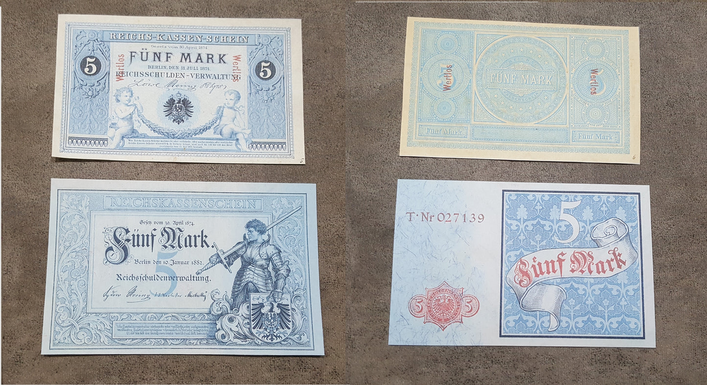 German 5 Mark 1874 1882 and 20 Mark 1874 1882 banknotes front obverse 