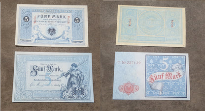 German 5 Mark 1874 1882 and 20 Mark 1874 1882 banknotes front obverse 