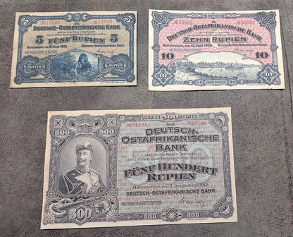 German East Africa 5 Rupien and 10 Rupien banknotes 1905 front obverse view