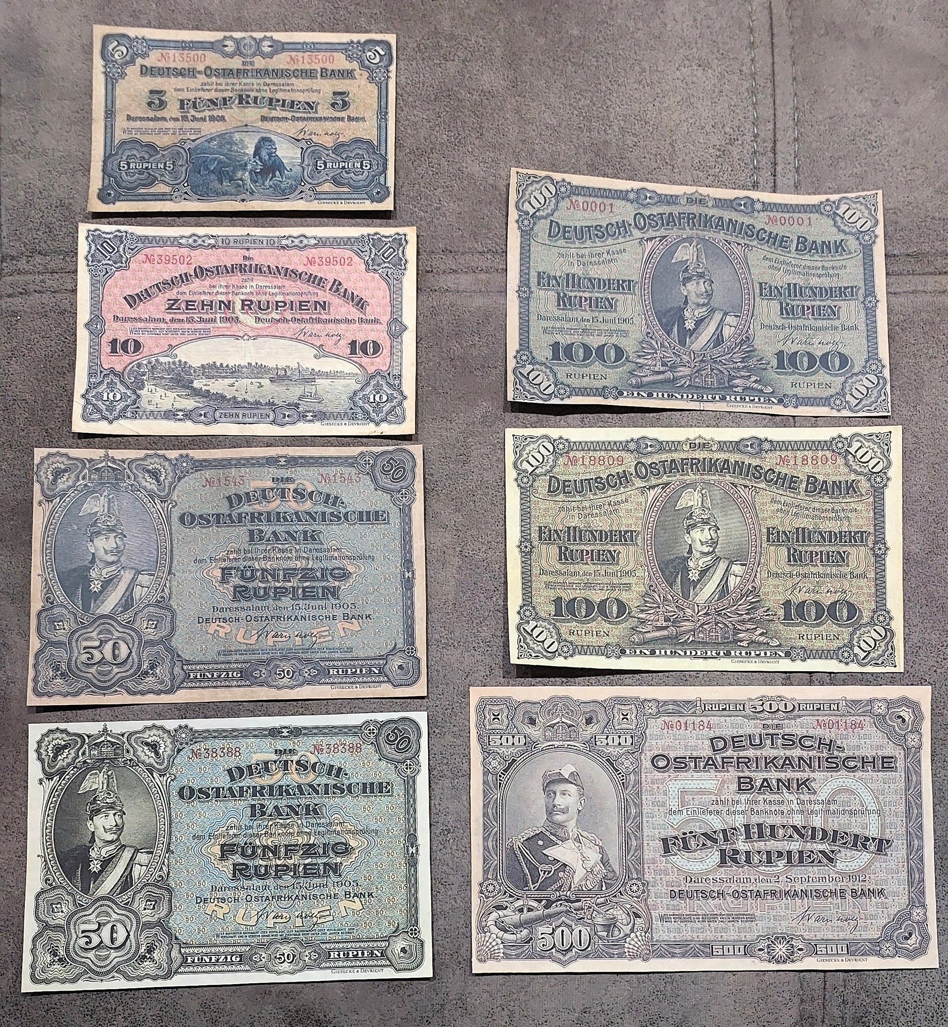 German East Africa Rupien banknote set 1905-1912 7 notes front obverse view