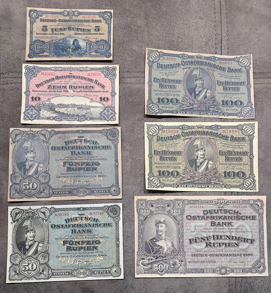 German East Africa Rupien banknote set 1905-1912 7 notes front obverse view