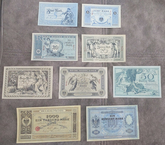 German Imperial Mark banknotes historical currency selection front and back