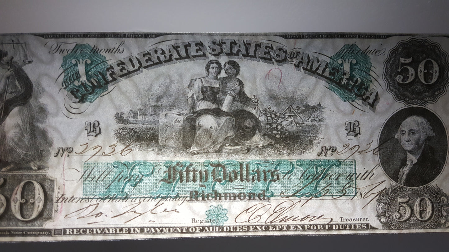 Reprint on paper with W/M United States 1861 y. Confederate Dollar FREE SHIPPING