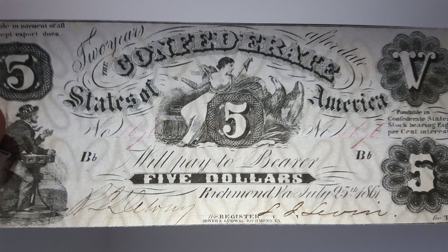 Reprint on paper with W/M United States 1861 y. Confederate Dollar FREE SHIPPING