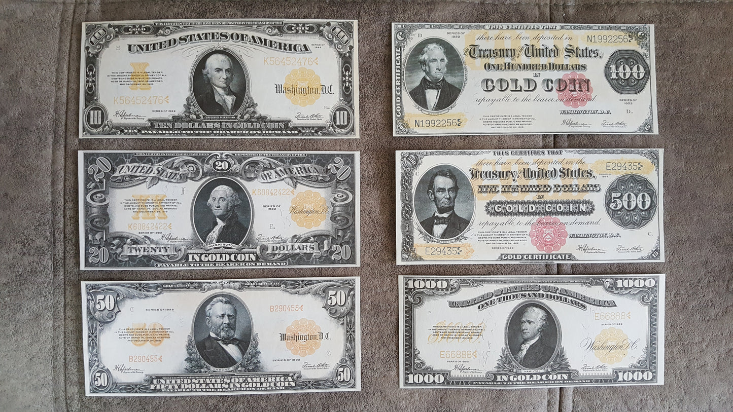 US Gold Certificate Banknotes 1922 Large Size Set