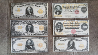 US Gold Certificate Banknotes 1922 Large Size Set