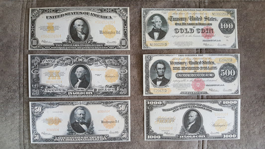 US Gold Certificate Banknotes 1922 Large Size Set