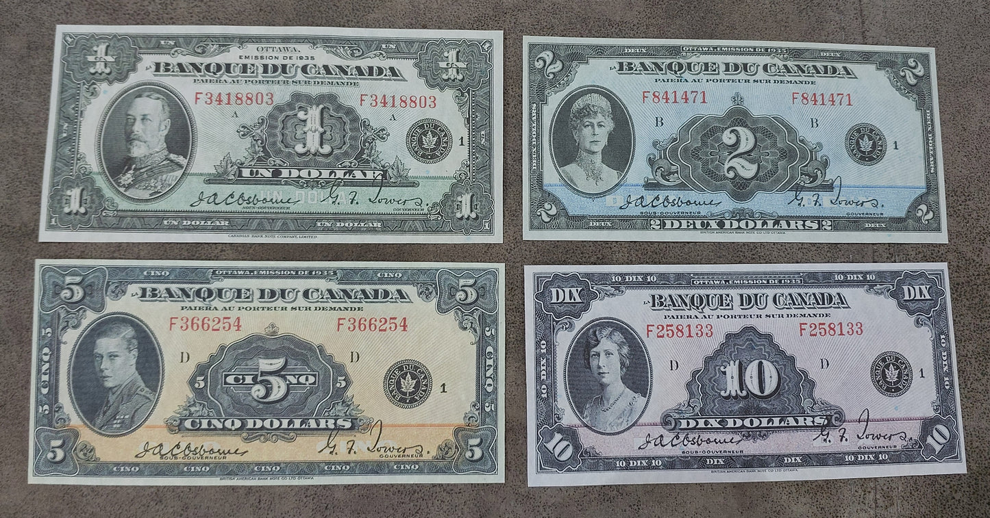 Bank of Canada 1, 2 and 5 Dollar 1935 Series King George VI Specimen Notes  printed in French 