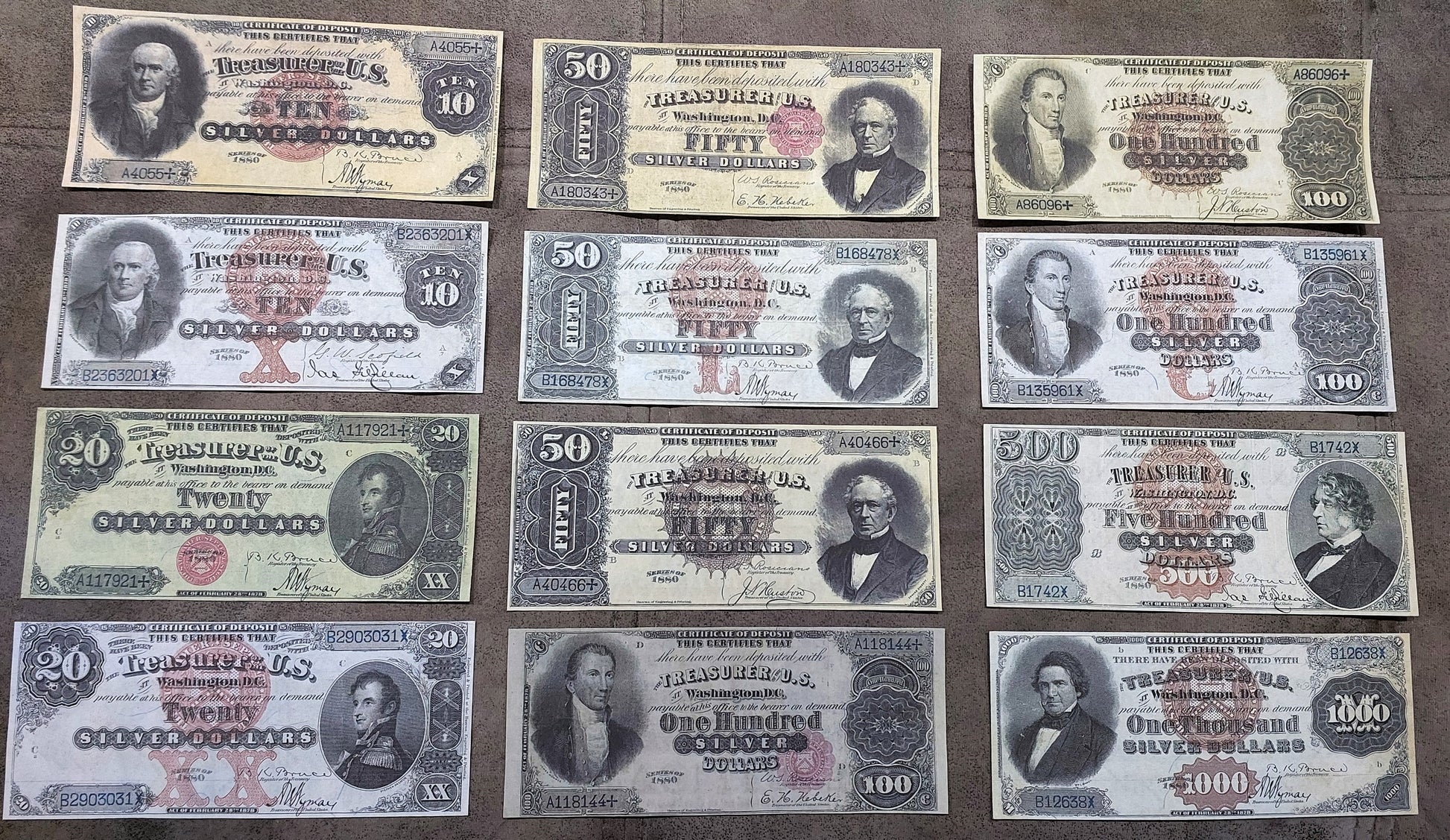 US 1880 Silver Certificate Banknotes Set (12 Bills)