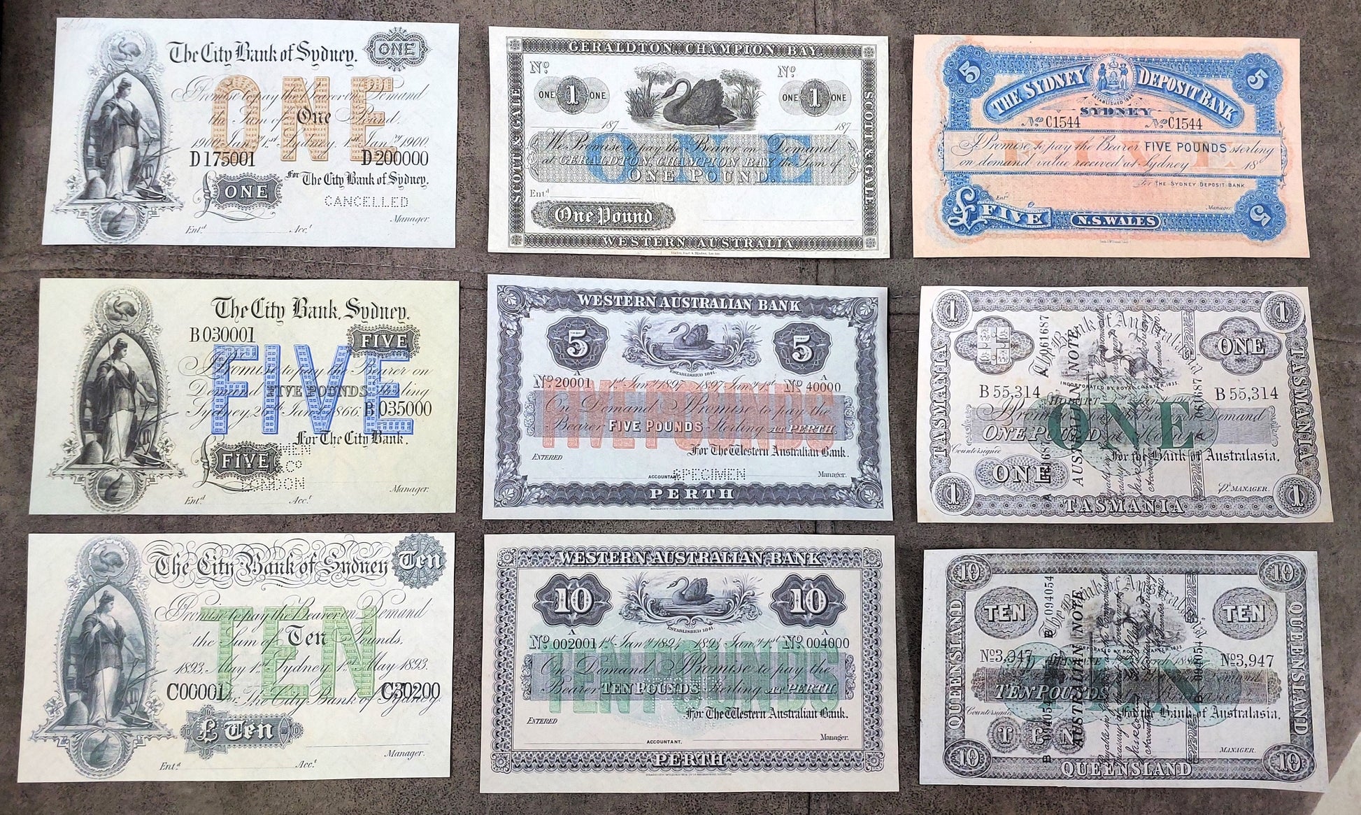 Rare Australia 1866-1910 historical banknote collection set E - front view of 9 notes