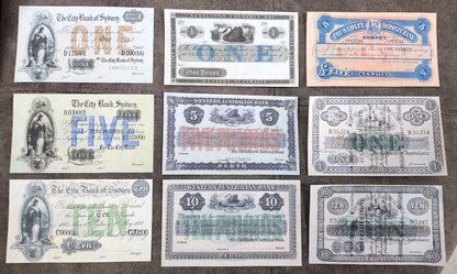 Rare Australia 1866-1910 historical banknote collection set E - front view of 9 notes