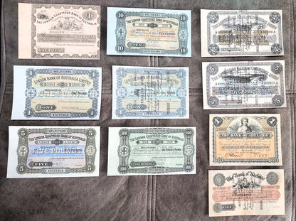 Rare Australia 1874-1910 historical banknote collection set A - front view of 10 notes