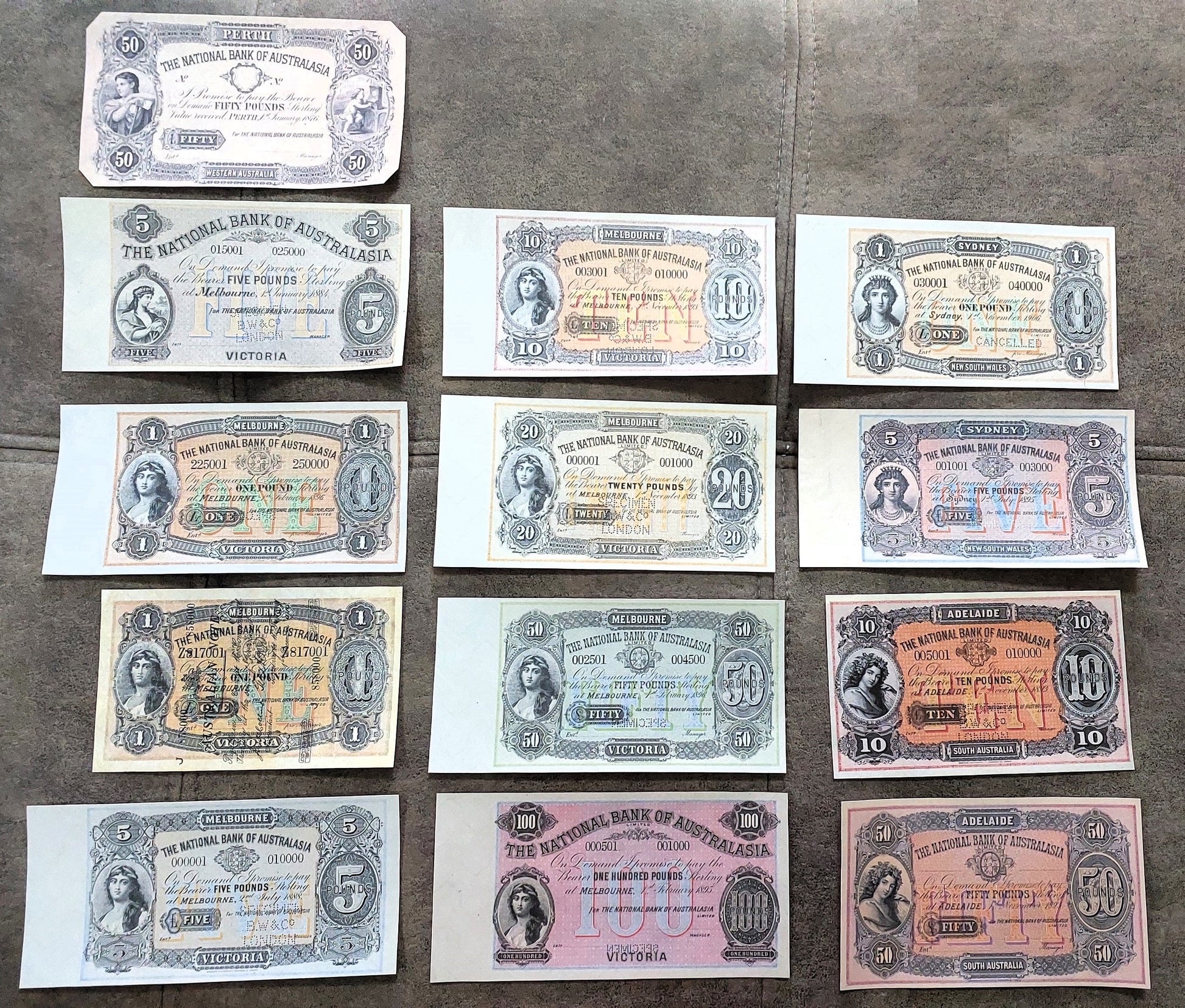 Rare Australia 1876-1910 historical banknote collection set B - front view of 13 notes