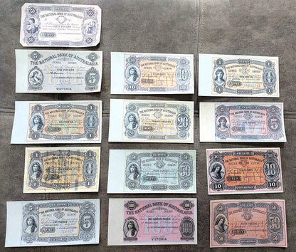 Rare Australia 1876-1910 historical banknote collection set B - front view of 13 notes