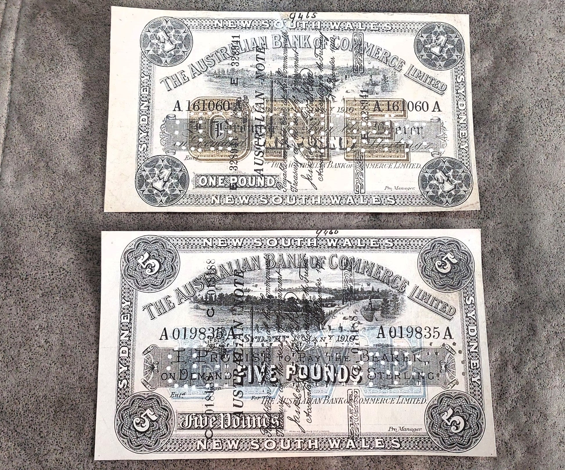 The Australian Bank of Commerce 1 Pound & 5 Pound 1910 Specimen notes front