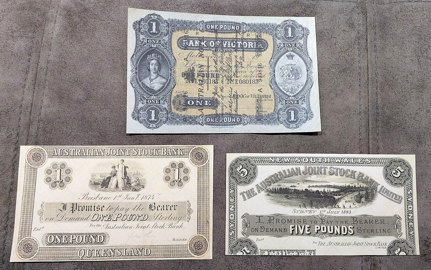 Australian Joint Stock Bank 1 Pound 1874, 5 Pound 1893 & Bank of Victoria 1 Pound 1910 Notes