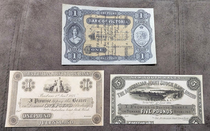 Australian Joint Stock Bank 1 Pound 1874, 5 Pound 1893 & Bank of Victoria 1 Pound 1910 Notes