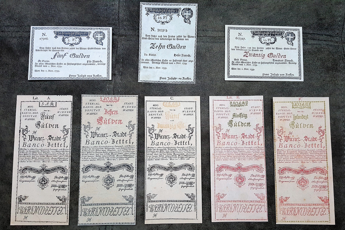 Reimpresión en papel con marca de agua Austria primeros billetes años 1759-1762. ENVÍO GRATIS

