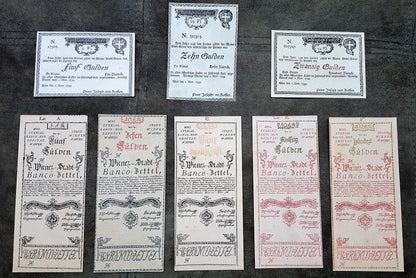 Reimpresión en papel con marca de agua Austria primeros billetes años 1759-1762. ENVÍO GRATIS

