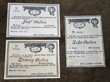 Obverse layout of the 1759 Austria first issue Gulden Banco-Zettel banknotes. Features historic Maria Theresa era monochrome copperplate typography, ornate imperial crests, and distinct early central bank validation stamps.