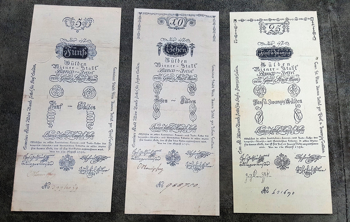 Obverse layout of the 1796 Austria issue Gulden Banco-Zettel banknotes. Features historic Franz II era monochrome copperplate typography, ornate imperial crests, and distinct early central bank validation stamps.