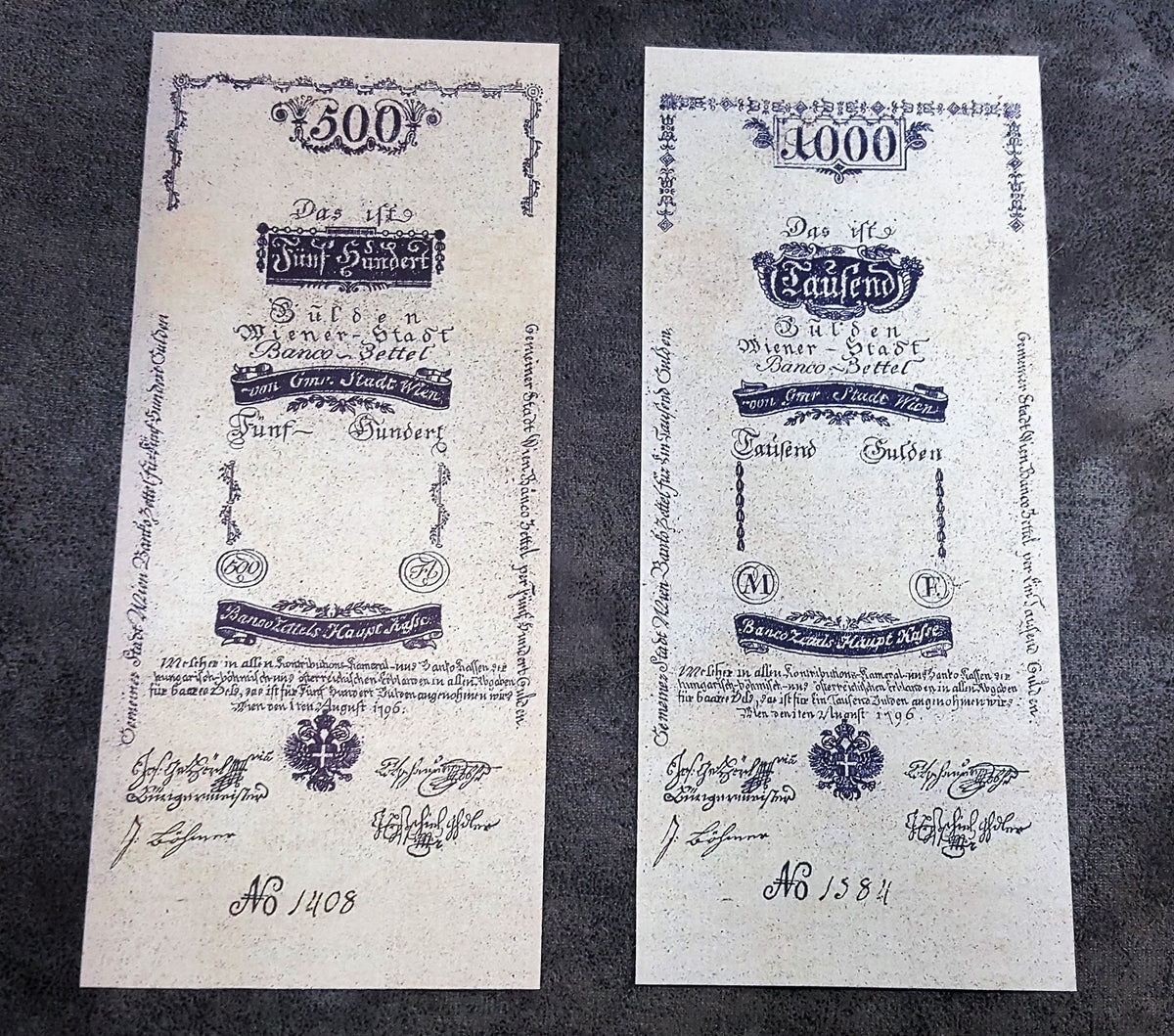 Obverse view of the rare high-denomination Austria 1796 500 Gulden and 1000 Tausend Gulden currency certificates. Displays spectacular early imperial crest accents and premium fine-line intaglio engraving layout.