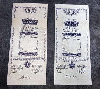 Obverse view of the rare high-denomination Austria 1796 500 Gulden and 1000 Tausend Gulden currency certificates. Displays spectacular early imperial crest accents and premium fine-line intaglio engraving layout.