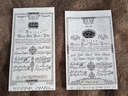 Obverse layout of the 1800 Austria issue Gulden Banco-Zettel banknotes. Features historic Franz II era monochrome copperplate typography, ornate imperial crests, and distinct early central bank validation stamps.
