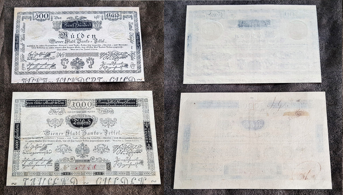 Obverse view of the rare high-denomination Austria 1800 500 Gulden and 1000 Tausend Gulden currency certificates. Displays spectacular early imperial crest accents and premium fine-line intaglio engraving layout.