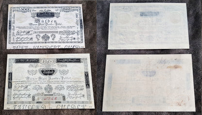 Obverse view of the rare high-denomination Austria 1800 500 Gulden and 1000 Tausend Gulden currency certificates. Displays spectacular early imperial crest accents and premium fine-line intaglio engraving layout.
