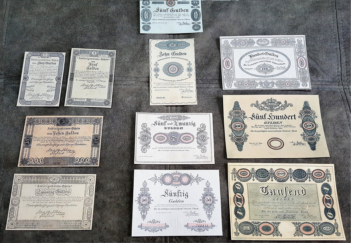Reprint on paper with W/M Austria Banknotes 1813 - 1825 year. FREE SHIPPING