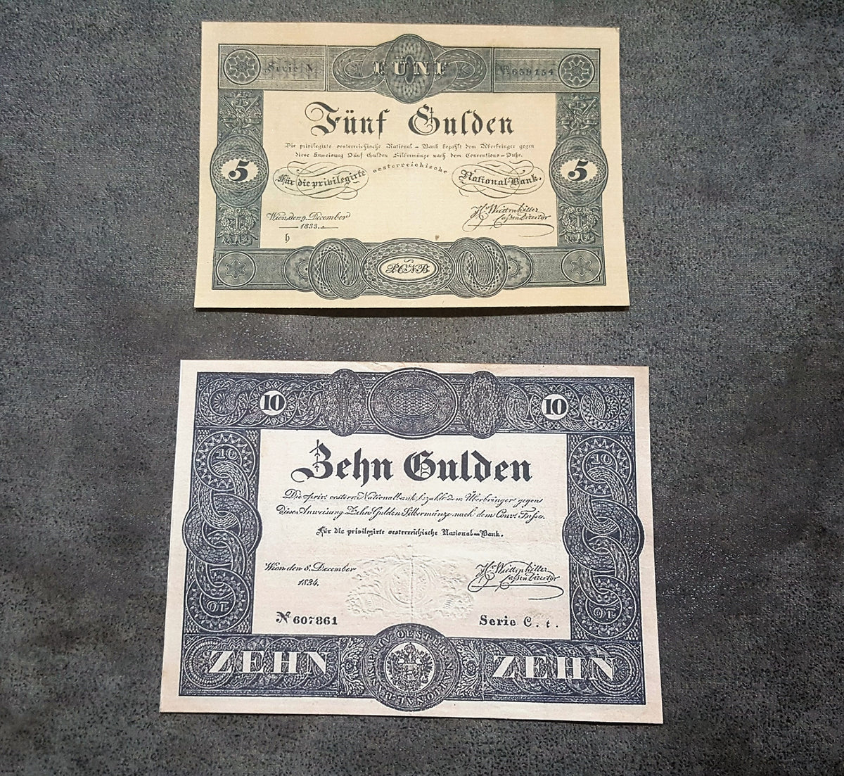  Obverse layout of the historical Privilegirte Oesterreichische Nationalbank 1833 5 Gulden and 1834 10 Gulden chartered banknotes. Features classic Biedermeier-era monochrome copperplate calligraphy, early imperial seal crests, and vintage official signatures.