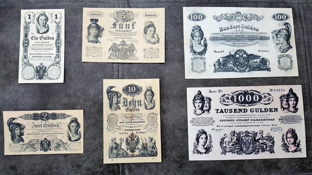 Reimpresión en papel con marca de agua Austria billetes años 1847-1848. ENVÍO GRATIS

