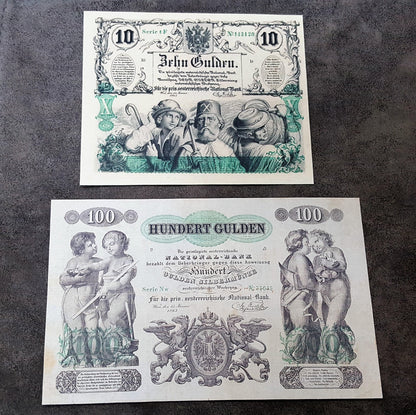 Obverse presentation of the Austria 1863 series 10 Gulden and 100 Gulden chartered banknotes, showcasing highly advanced anti-counterfeiting security lathe work, allegorical vignettes, and clean line stamp fonts.