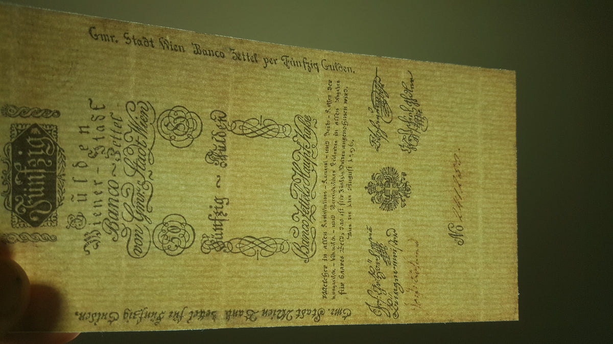 Detailed historical reference view of early Austrian 1796 Banco-Zettel currency varieties, showcasing clean printing plate registry lines and exceptional ink contrast for currency grading and research.