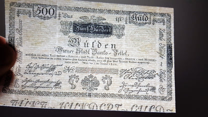 Detailed historical reference view of early Austrian 1800 Banco-Zettel currency varieties, showcasing clean printing plate registry lines and exceptional ink contrast for currency grading and research.