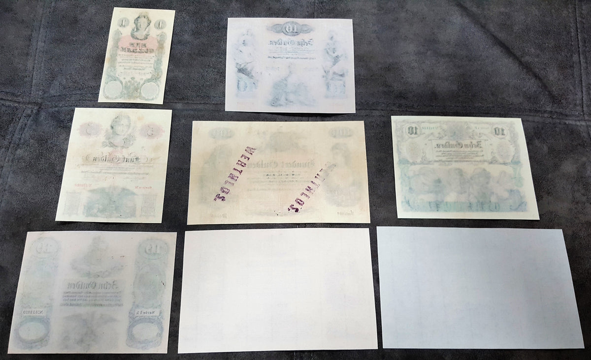 Reverse blank backing view of mid-century Austrian Empire uniface banknotes from the 1854, 1858, and 1863 series. Highlights the traditional handmade security rag paper textures, visible copperplate line indentations, and authentic historical document aging characteristics.