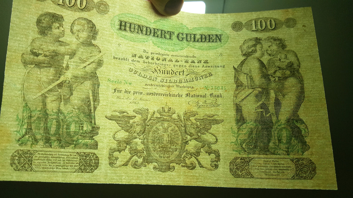 Detailed historical reference view of an Austrian Empire banknote displaying a complex allegorical reverse vignette, security border lines, and traditional Austrian notaphily aesthetics.